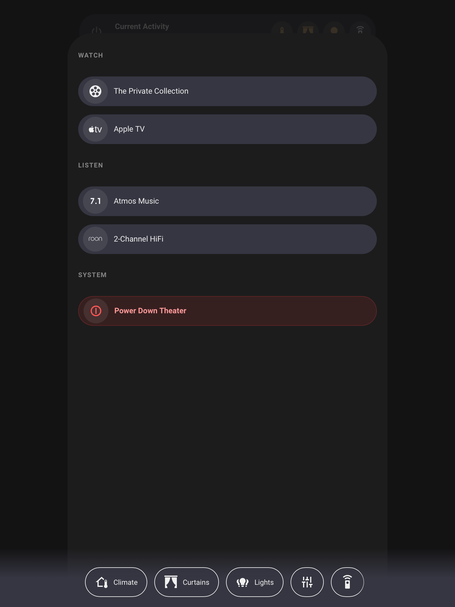 Activity menu on the Listening Room controller